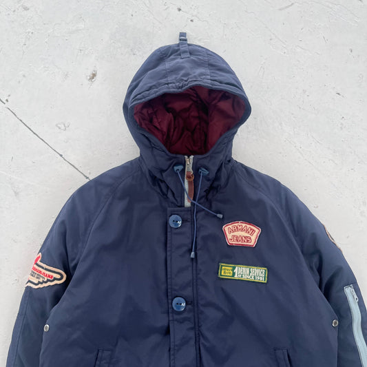 2010s armani jeans patchwork hooded bomber