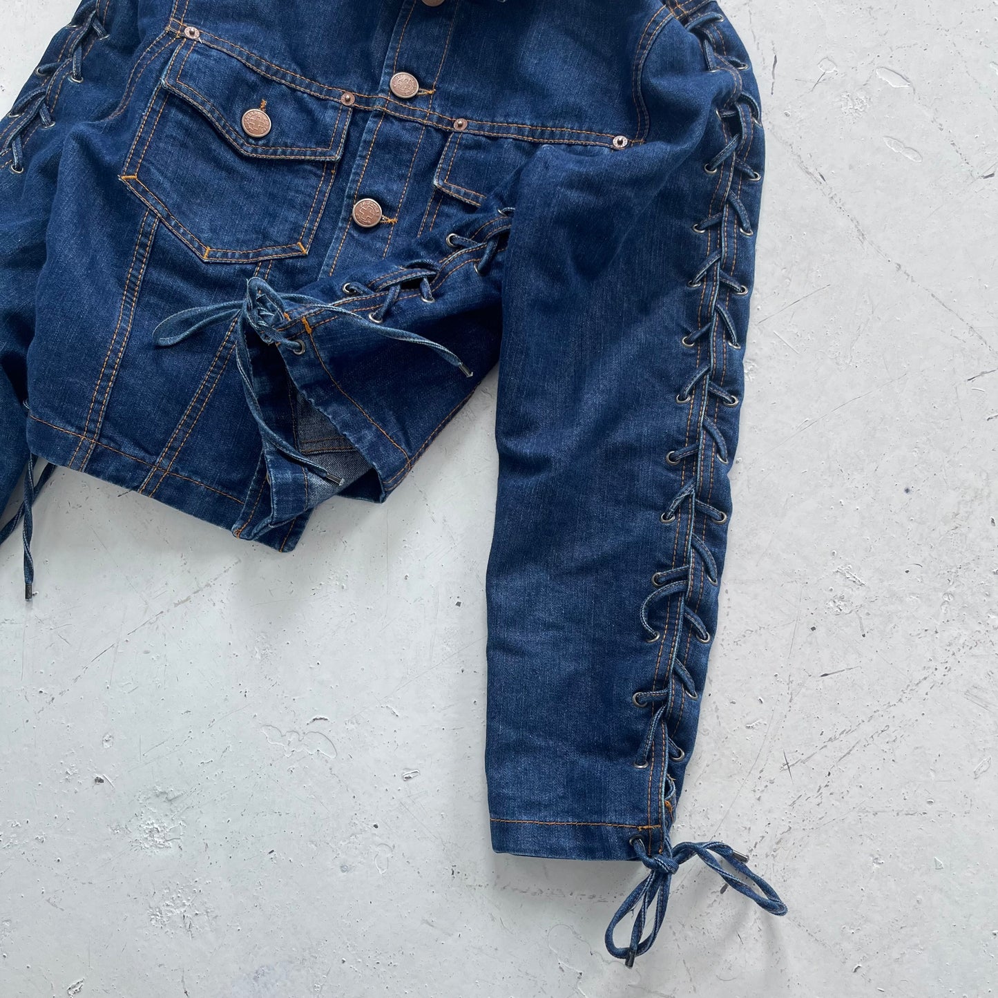 1990s jean paul gaultier jeans corset detail denim jacket
