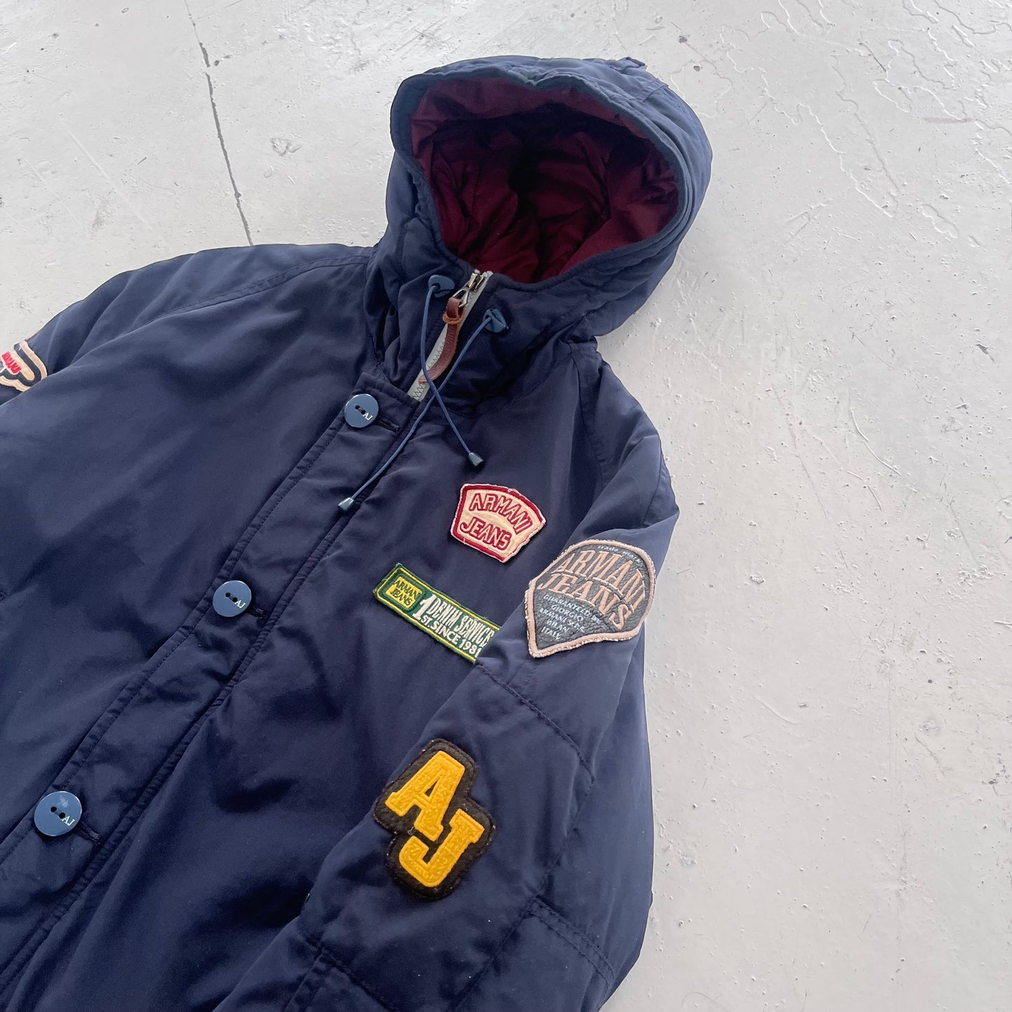 2010s armani jeans patchwork hooded bomber