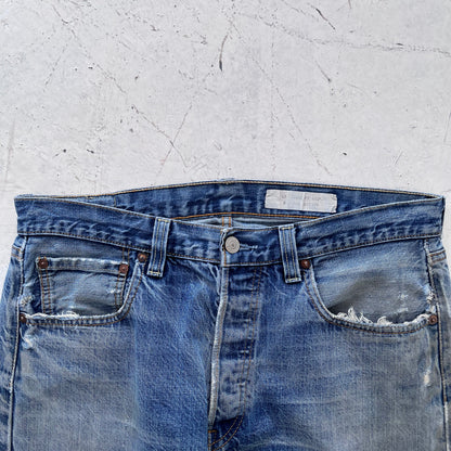 2000s levis 501 limited edition red line selvedge distressed jeans