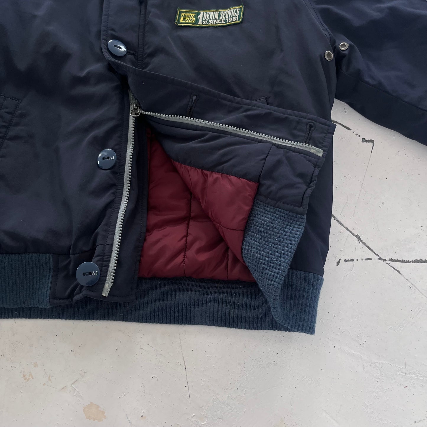 2010s armani jeans patchwork hooded bomber