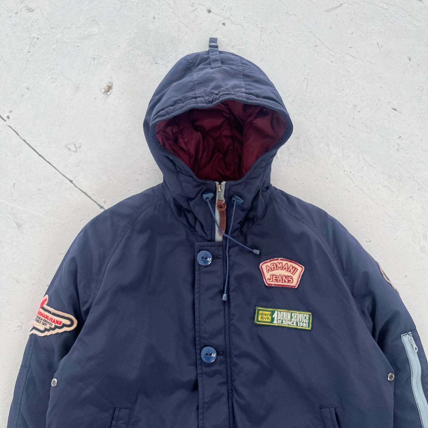 2010s armani jeans patchwork hooded bomber