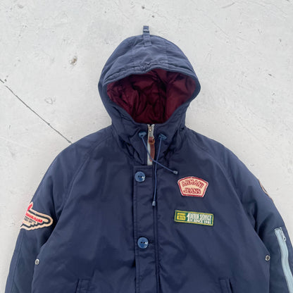 2010s armani jeans patchwork hooded bomber