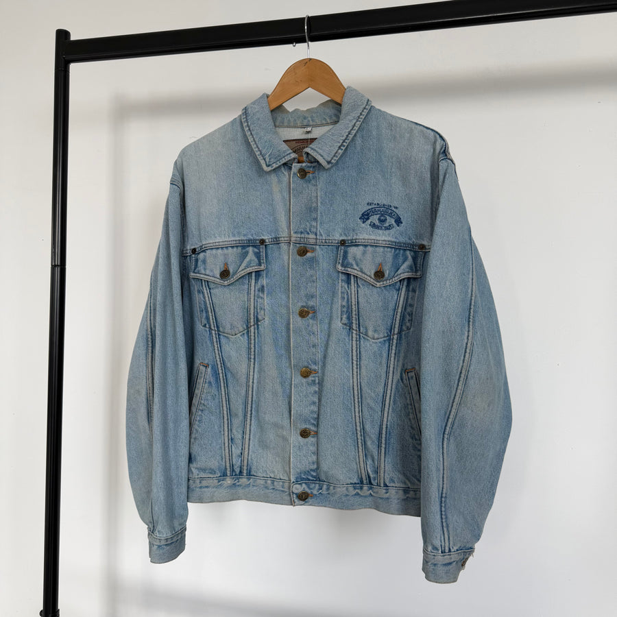 1990s armani jeans distressed denim trucker jacket