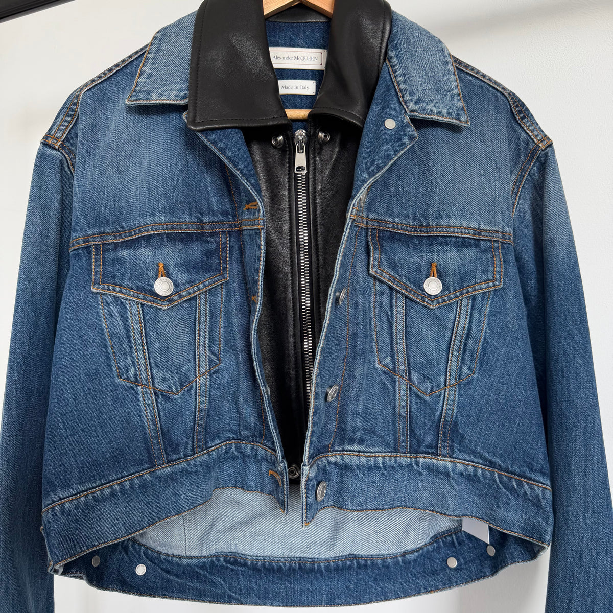 ss2022 alexander mcqueen double layered denim/leather jacket