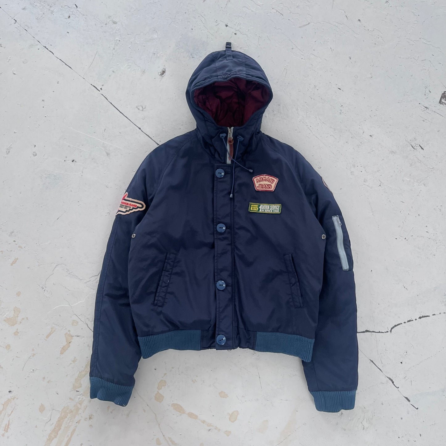 2010s armani jeans patchwork hooded bomber