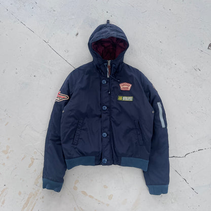 2010s armani jeans patchwork hooded bomber