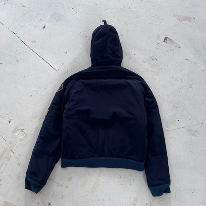 2010s armani jeans patchwork hooded bomber